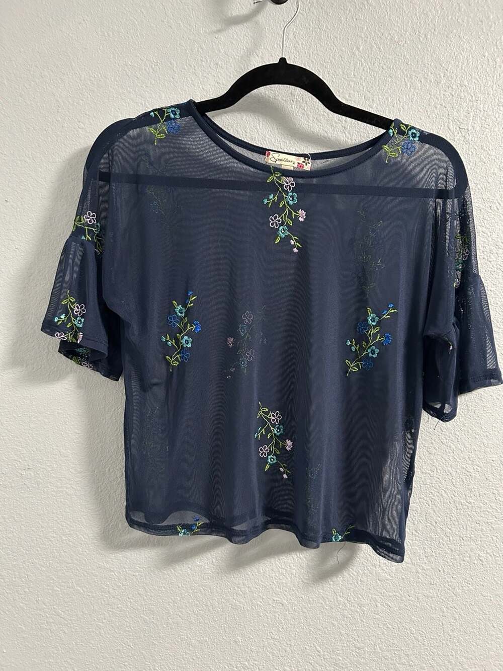 Speechless Embroidered Mesh Top Size XL Blue Floral Sheer Short Sleeve